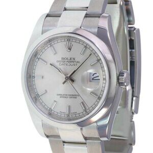 ROLEX DATEJUST UNISEX WATCH 36 MM SILVER INDEX DIAL STEEL SMOOTH OYSTER 116200